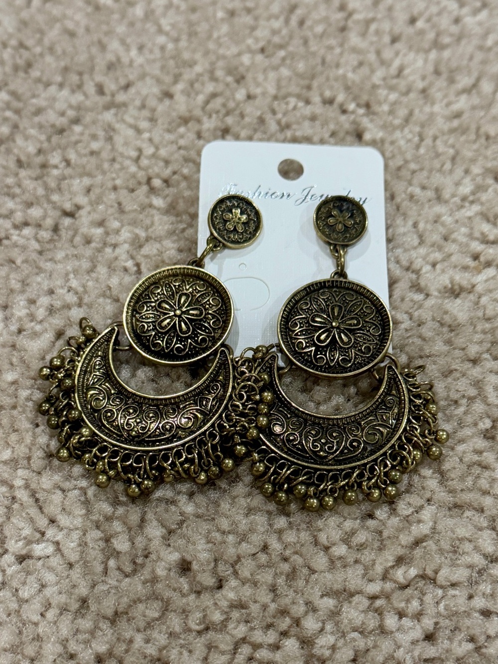 NWT Fashion Jewelry Antique Brass Floral Crescent Dangle Earrings